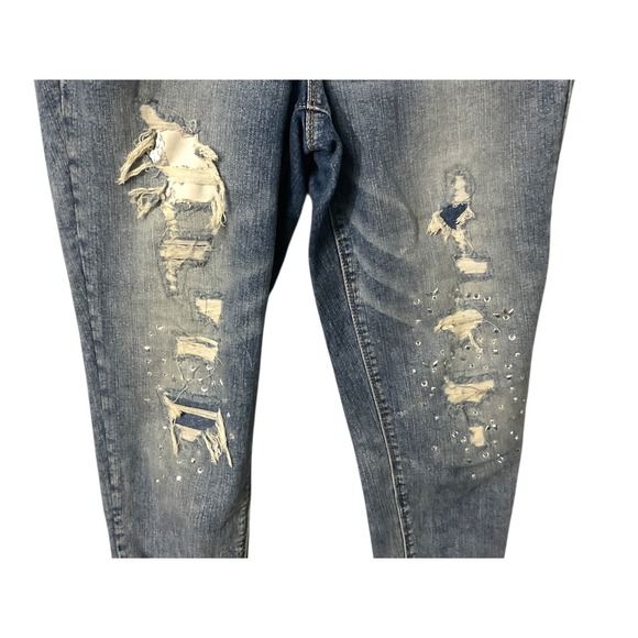 Black Daisy Relaxed Skinny Jeans Women's Distressed Paint Splatter Button Fly - Picture 3 of 6